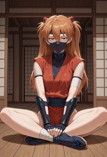 masterpiece, best quality, highres, absurdres, very awa, 1girl, solo, long hair, orange hair, hair between eyes, two side up, ninja, fishnets, arm guards, japanese clothes, sash, headband, bandages, d0j0, indoors, sliding doors, indian style, sitting, blue eyes, interface headset, fingerless gloves, ankle wrap, tabi, sandals, wooden floor, east asian architecture, on floor, pelvis curtain, mouth mask, (ninja mask), looking at viewer, bored, jitome