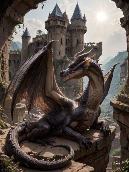<lora:MH_Fatalis_a1_9_PonyXL:0.9>,score_9,score_8_up,score_7_up, nature photography, (rimlight:1.2)
sunlight, bloom, subsurface scattering, sharp hyper detailed, dramatic lighting, , (shiny metallic skin:1.2), (ultra-detailed small micro scales), bright highlights,
,fatalis,feral,by zackary911,by syuro,by hanuvo,solo,hi res,detailed background,ruins,castle, wings,curled up, neck,closed eyes,sleeping,side view,
<lora:RM_Enhancer_v1.0_bf16:.1>  <lora:p:.2> <lora:Add_More_details_SD3:.5> ,