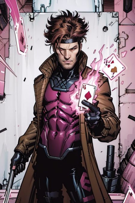 <lora:Remy_Lebeau:1> gambit, black gloves,  gambit, gloves, rugged handsome, grin,   open coat, pink glowing eyes, playing card, remy lebeau, science fiction, simple background, weapon, white background,  <lora:Blame!:1> blam