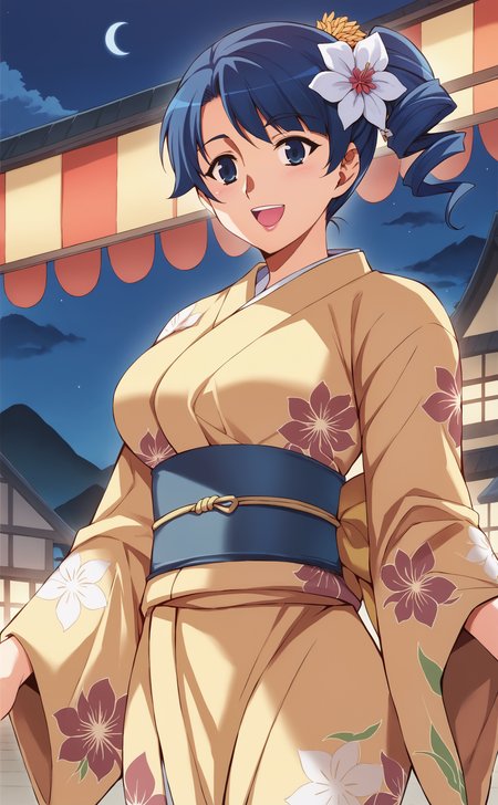 score_9, score_8_up,score_7_up, source_anime,
night,(blue_hour:1.2),flower,, blue hair,, open mouth, large breasts, drill hair, side ponytail, hair flower, yukata, floral print, smile, blue eyes, 1girl, yellow kimono, blush, solo,,background(festival),
 <lora:KimXLeeStylev2:1>
