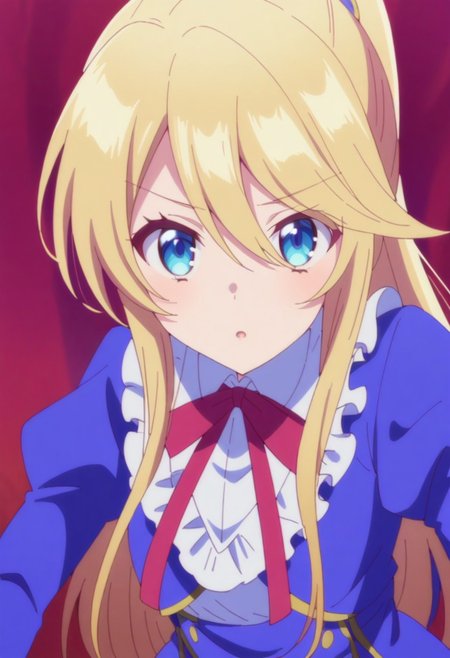 ((masterpiece)), ((best quality)), high detailed, ultra-detailed, intricate details, detailed, small breasts, LP_aileen, 1girl, blonde hair, blue eyes, long hair, ponytail, blue dress, gloves, puffy sleeves, red ribbon, ribbon bow, upper body, anime coloring, looking at viewer, hair between eyes,