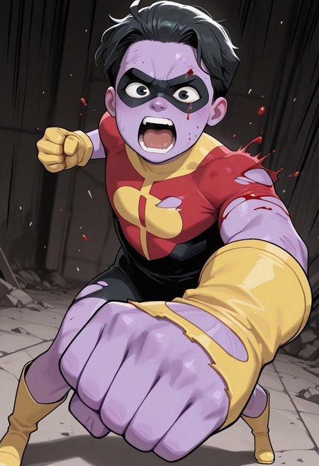 masterpiece, best quality, amazing quality, 1boy, solo, cute boy, male focus, Oliver, Black Hair, Black Eyes, Purple Skin, Colored Skin, torn Superhero Costume, Domino Mask, damaged Yellow Gloves, Yellow Boots, animated, incoming punch, action pose, dynamic pose, foreshortening, yelling furiously, dark bruises, swollen eye, covered in blood