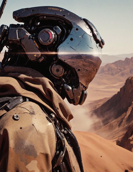 a stylish battle hardened cyborg wearing desert camo with a mirror-like full face visor that has large crack that distorts the refection, on a cliff overlooking a canyon while an intimidating sandstorm approaches, lens flare 