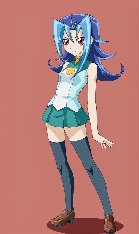 RK, 1girl, solo, blue hair, long hair, red eyes, school uniform, green short skirt, thighhighs, loafers, standing, full body, smile, looking at viewer, red background, simple background, <lora:Rio Kastle Pony XL:1>