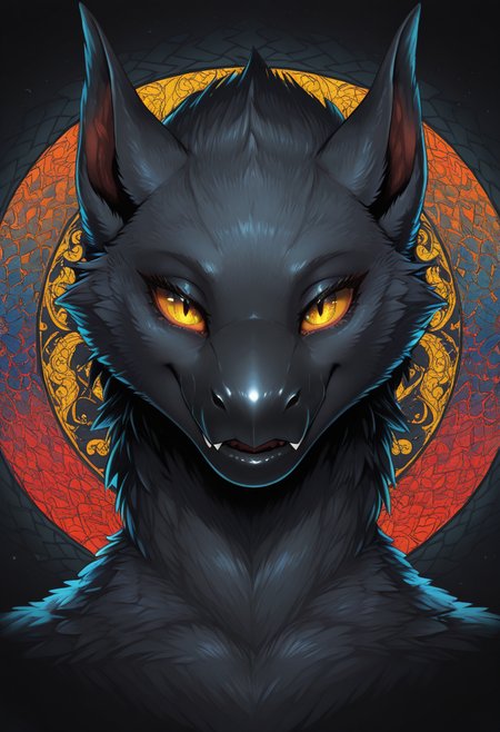 Graphic Design, color art, vibrant colors, colorful, intricate details, high contrast, detailed background, beautiful detailed, beautiful face, detailed eyes, detailed face, new, n4rg4cug4, 1girl, solo, furry, anthro, dragon, yellow sclera, black fur, fangs, portrait, looking at viewer, smile, (masterpiece, best quality, newest, recent, absurdres),