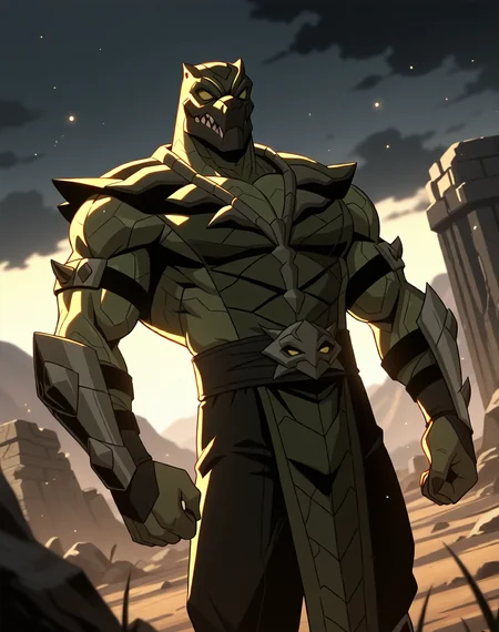 <lora:Reptile_(Mortal_Kombat_Legends_Scorpion's_Revenge)_(Illustrious)_(AD):0.85> Reptile_MK, muscular, Mortal Kombat, 
dutch angle, exterior, monumental architecture, wasteland, dark night sky with black clouds, mountains, ancient Asian stone ruins, 
male focus, gradient coloring, villain, cowboy shot, 
BREAK very awe, aesthetically pleasing, masterpiece, best quality, amazing quality, very aesthetic, perfect depth of field shot, in'ei, source_furry, furry_art, 
Smooth Quality, lazympos, IllustQualXL_Pos,
