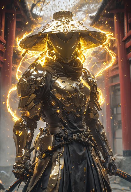 1man, Cyborg Samuraii in golden samurai armor, wearing samurai helmet and armor,  golden fire, wielding dual swords:1.2, brave perspective, reflection, glowing golden fire, golden lightning shatter, , glowing sword, motion blur, emphasis line, outdoor in the darkness, looking at viewer, katanas