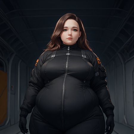 <lyco:SyMix_Pony_v05a02:1>, score_9, score_8_up, score_8, solo, 1 woman, adult, <lora:add-detail-xl:1>,  <lora:EthicaXL:0.5>, fat ethica wearing black flight suit, hangar bay, long brown hair