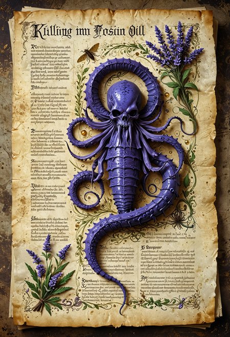 An illustrated medieval recipe of a "killing poison" made with ingredients including: (Needle, tentacle, scorpion tail, Lavender oil, Jasmine oil, Pearl Dust), text is Old English and Gothic, parchment page, intricate details, muted colors, high resolution, best quality, fantasy vibe
<lora:EpicF4nta5yXL:0.8>
<lora:add-detail-xl:1>
<lora:WildcardX-XL-Detail-Enhancer:1>
<lora:MJ52:0.375>
<lora:CinematicStyle_v1:0.42>