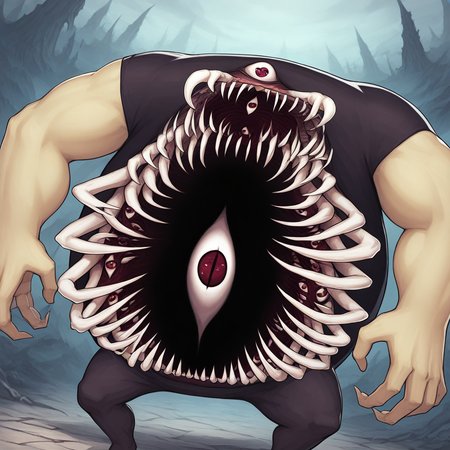extra mouth and eye on stomach, many fangs on stomach,monster,1boy,