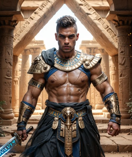 score_9, score_8_up, score_7_up, source_realistic, source_photo, hkwarrior, a photorealistic male Egyptian veteran warrior in an action pose, battle scars, wielding a small glowing sword, buzzcut undercut, against an ancient Egyptian temple and pyramids background in an epic, dark fantasy style, detailed face and eyes, wearing armor with patterns and hieroglyphs, HDR, DSLR, (award-winning digital art:1.2), <lora:PonyFantasyWarriorsEgypt:0.55>, <lora:detailer_v5_SDXL:0.5>, detailerlora, <lora:skin texture style:0.4>, skin texture style, realistic skin style, <lora:Skin Color_alpha1.0_rank4_noxattn_250steps:0.65>, <lora:d\EnvyActionShotXL01:0.55>, action shot, bokeh, <lora:H0rnsXLP:0.8>, h0rns, bull horns,