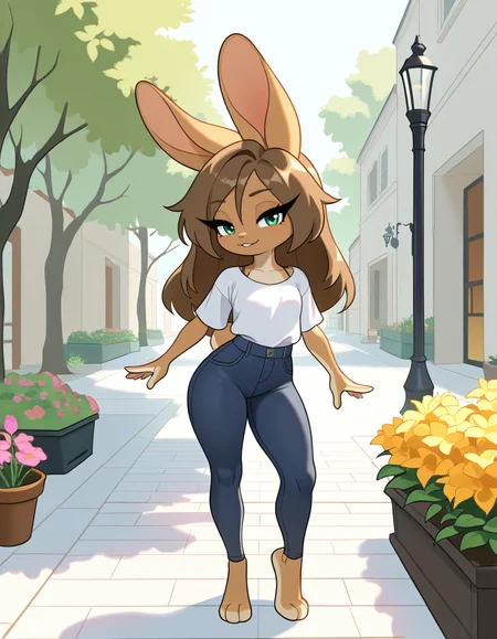 masterpiece, best quality, very aesthetic, absurdres,
outdoors, casual, 
full body, posing, 
seductive smile, parted lips, long eyelashes,
 <lora:Aubrey_Sky_v01_NAIXL:1>
4ubr3y5ky,1girl,solo,furry,furry female,rabbit girl,long hair,brown hair,rabbit ears,green eyes,animal nose,body fur,brown fur,rabbit tail,