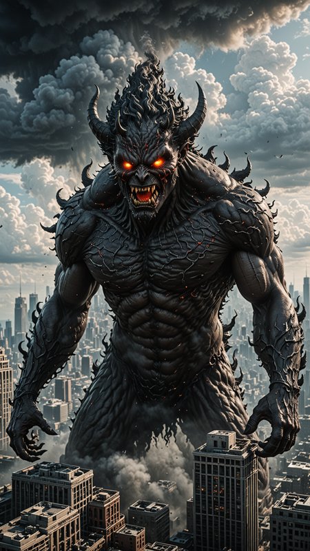 According to the rules, in such cases, it was supposed to become a black impenetrable cloud, fill the entire space with itself, catch up with female devil form over a full city horror and look at him with an ominous luminous look from nowhere and from everywhere, which Bomchi immediately did.  Feeling of fear, feeling of horror,rich colors, ultra clear image, more realistic, high resolution photos, 8K HD wallpapershigh quality, intricate details,  ultra detailed, ,depth of field, 8k resolution trending on Artstation Unreal Engine 5, Epic,detailed background, <lora:Jugg_XL_Cinematic_Beasts:0.6>
