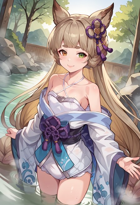 score_9, score_7_up, hd, (ultra hd quality details), source_anime, outdoors, onsen,
solo, 1girl, gbfpholia, erune, brown eyes, green eyes, heterochromia,
phlyuk, very long hair, animal ears, hair ornament, kimono, collarbone, bare shoulders, wide sleeves, bloomers, thighs,
looking at viewer, blush, smile,  
dutch angle, standing,
<lora:_pholia_gbf-elesico-ponyC:1>