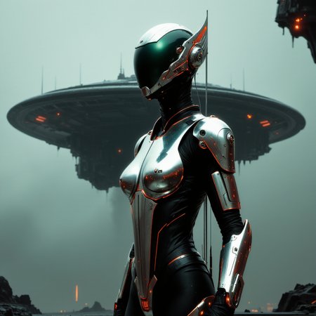 , armed female figure in a (((Holographic))) sci-fi suit (tight jumpsuit), at the spaceport, against the background of a sci-fi ship taking off, overcast, mask, sci-fi visor, sci-fi lens, sci-fi respirator, bald head, plate armor, isolated armor, third-person view from below, lots of fine detail in the style of 'pursuit' by gesaffelstein, photorealistic, cinematic lighting, dark atmosphere, volumetric lighting, action pose, epic scene, lots of fine detail, movie style, photography, natural textures, natural light, natural blur, photorealism, cinematic rendering, ray tracing, highest quality, highest detail, Cinematic, Blur Effect, Long Exposure, 8K, Ultra-HD, Natural Lighting, Moody Lighting, Cinematic Lighting, hyper-realistic, vibrant, 8k, detailed, ultra detail,
  <lora:artisketchyfs-v02:0.8>
<lora:flux.1_lora_flyway_Epic-detail_v2:0.7>