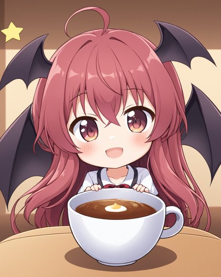 koakuma,1girl, solo, fang, cat_tail, open_mouth, chibi, bat_wings, kemonomimi_mode, ahoge, head_wings, tail_ribbon, minigirl, :d, in_cup, blush, shirt, box, looking_at_viewer
<lora:koakuma_image4390_2023-12-14-000008:1>,star-shaped_pupils,symbol-shaped_pupils,. gorgeous,key visual, vibrant, studio anime,award-winning, professional, highly detailed,high budget, cinemascope