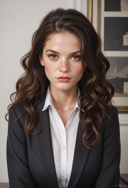 score_9, score_8_up, score_7_up, score_7, score_6_up, solo, 1dk, face focus, detailed face, beautiful face,
raw, realistic, d3t41l3d, 
1girl, 28-year-old, athletic, long hair, wavy hair, dark brown hair, hazel eyes, light freckles, freckles,  small beauty mark,  beauty mark
suit, business suit, tailored  suit, white blouse, blouse, blazer, black blazer, pencil skirt, 
bright, organized, office,
standing, confident, professional, warm,