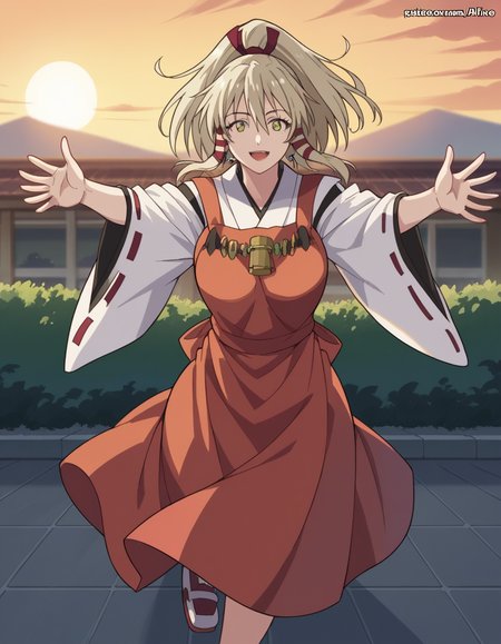 score_9, score_8_up, score_7_up, source_anime, <lora:uka-no-mitama-no-kami-s1-ponyxl-lora-nochekaiser:1>, uka no mitama no kami, long hair, blonde hair, hair ribbon, yellow eyes, ponytail, tress ribbon, large breasts,, japanese clothes, miko, apron, red apron,, suburban neighborhood, morning jog, earphones, running shoes, fresh air, sunrise, smile, looking at viewer, on back, arm support, arms up, incoming hug, pov, reaching, reaching towards viewer,, solo,, cowboy shot, dutch angle,