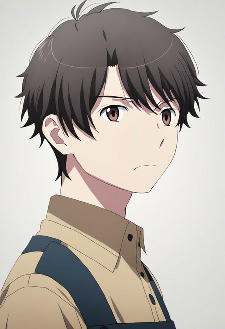 high resolution, solo, best quality, 1Boy, Inaho Kaizuka, Black Hair, Brown Eyes, potrait, dark shirt, looking at viewer, focused gaze forward, simple background, straight body, upper body, head upright, disgust, OverallDetail