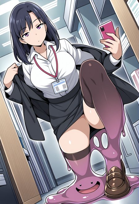 transformed ditto, slimification, melting, 
masterpiece, sensitive,  
1girl, office lady, knee up, loafers, removing jacket, changing room, dutch angle, expressionless, smug, thighhighs, solo focus, smartphone, looking at phone
<lora:Illustrious_slimification_transformed-ditto_batch1_dim2_a1_epoc60_step5760_adjusted:1>