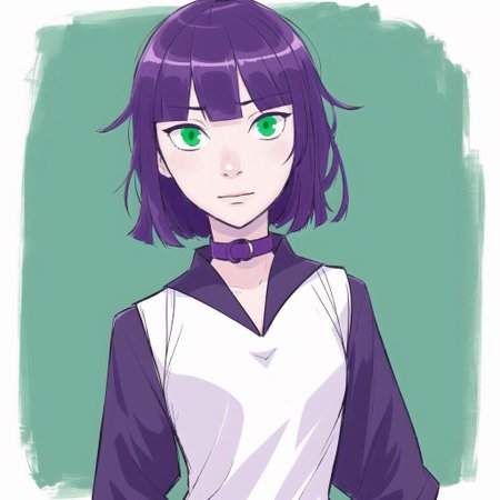 <lora:mayonoseart:1>, mayonoseart, 1girl, akashi senju, bag, bangs, blouse, blue background, closed mouth, green eyes, hair between eyes, hand up, highres, looking at viewer, purple hair, sailor collar, school uniform, serafuku, short hair, solo, upper body, white blouse, yoru shiki