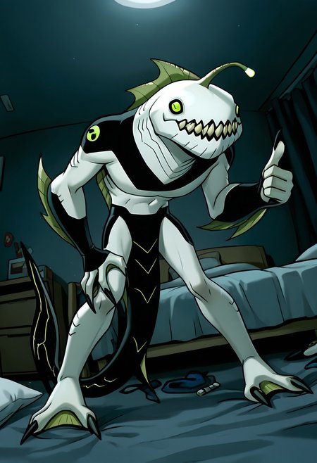 masterpiece, best quality, amazing quality, very aesthetic, absurdres, newest,,
ripjawsov, no humans, sharp teeth, teeth, colored skin, monster, pale skin, angler fish lure, green eyes, small eyes, , monster boy, claws, digimon (creature), fins, , square jaw
fisheye, 2000s, leaning forward, messy bedroom, thumbs up, smile, pale legs, 2 toes, webbed toes, black shark tail,