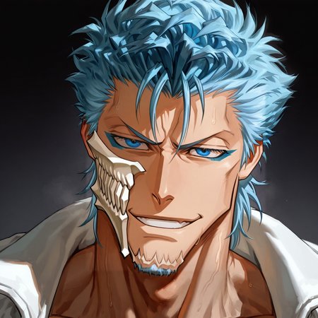 <lora:Grimmjow_Jaegerjaques__BLEACH:.7>, Grimmjow Jaegerjaques, arrancar, mask, short hair, blue hair, blue eyes,
(very short hair, beard, bara, mature, facial hair, stubble, beard, full beard, sideburn, beard, a lot of beard, ), facial hair,male focus, muscular male, muscular male, bara, mature,  bara, mature, aixiwuganda_(20222192), very awa, masterpiece, best quality, absurdres, newest, perfect quality, detailed background, intricate details,
<lora:slider_Body Type_alpha1.0_rank4_noxattn_last:3><lora:style_Anime Summer Days 2 Style SDXL_LoRA_Pony Diffusion V6 XL:.6><lora:slider_cfg_scale_boost:.7><lora:face_Artist6p-10:.55>, Artist6p, Artist04p,<lora:slider_il_brightness_slider_d1:-1><lora:slider_il_contrast_slider_d1:-1><lora:slider_DarkSlider1.2_alpha1.0_rank16_full_300steps:-.6>