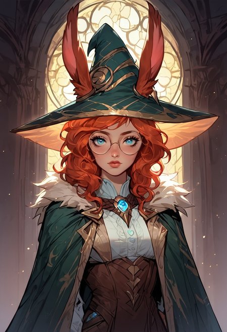 score_9, score_8_up, score_7_up, ((face focus, eye focus, dynamic angle, motion)), 1girl, solo, fantasy, Tarot Card Style, aurora (league of legends), (blue eyes, rabbit ears, rabbit tail, round eyewear, green cloak, fur trim), sexy witch costume, witch hat, lace, cape, breathless intimacy, tanned skin, petite model bombshell, heart, young, delicate features, narrow pointy nose, tiny nose, lust, big eyes, seductive eyes, blue eyes, detailed skin, flared lashes, mascara, makeup, perky medium breasts, athletic body, narrow waist, skinny hips,
warm light, detailed, neon dark party
 BREAK
milky way, runes, arcane, astral, surreal, ethereal glow, masterpiece, best quality, intricate design. colorful, moonlit nightsky, stained glass aesthetic, moody whimsical color palette, murano glass, bold soldering lines, volumetric light shining through, crepuscular rays, intricate craftsmanship, detailed texture, luminous transparency, reflective light play, vivid hues, atmospheric depth, enchanting silhouette, art nouveau,