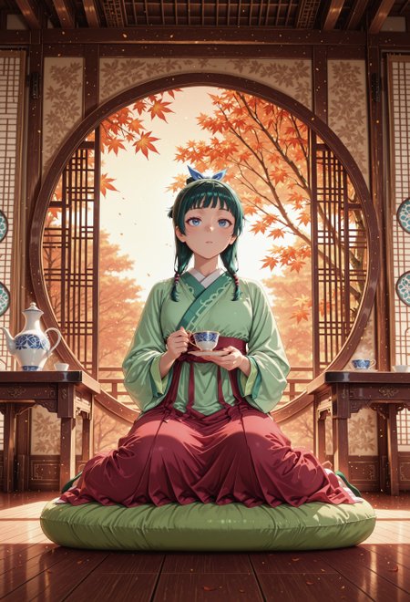 lazypos, 
realistic,
ADMao2, 1girl, green hair, blue eyes, freckles, flat chest, defaulthairstyle, low twintails, half updo, hair beads, blue hair bow, hair over shoulder, defaultoutfit, green aoqun, red long skirt, green flats,
BREAK
indoors, holding a porcelain teacup, sitting on a fluffy round cushion, bamboo screen, ornate wall, table, circle window, wooden floor, open window, autumn garden view, autumn trees, floating autumn leaves,
BREAK
masterpiece, best quality, extremely detailed, intricate detail,
newest, vivid, dynamic composition, dynamic lighting, volumetric lighting, very aesthetic, absurdres, vibrant colors, soft shadows, depth of field, perspective,

