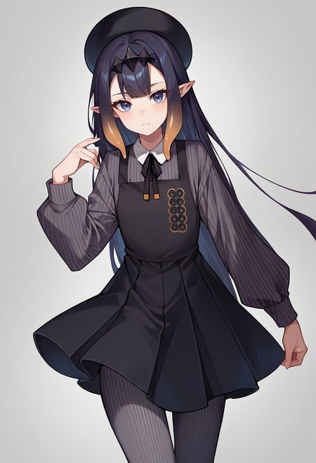 score_9,score_8_up,score_7_up,score_6_up,score_5_up,score_4_up,
1girl, ninomae ina'nis, very long hair, straight hair, tentacle hair, flat chest, pointy ears, black pinafore dress, collared pinstripe shirt, dark grey shirt, puffy long sleeves, black neck ribbon, grey pantyhose, headpiece, black beret,
solo, cowboy shot, simple background, grey background, closed mouth, looking at viewer, standing,
<lora:inaponyxl9:1>