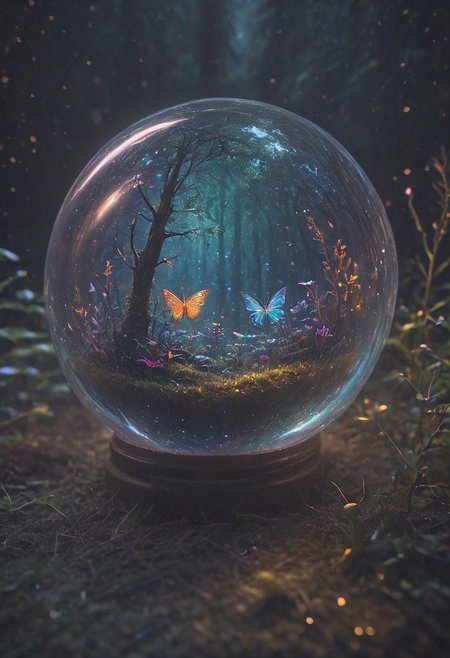 photography,(vibrant colors:0.8),
a fantastic landscape at night covered in magical plantlife, everthing contained in a glass sphere sitting on a desk, desk, small bright fairies, bright butterflies, bioluminescent trees, novuschroma03 style
(quantum waveform:0.7)