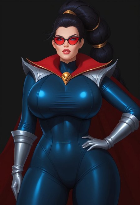 safe_pos, Score_9_up, score_8_up, score_7_up, realistic, solo, Vayne(League of legends, black hair high ponytail, blue eyes, gold hairbands,ASCII Vayne (League of Legends, black hair, blue eyes, gold hairbands, high ponytail, red catseye glasses), vayne, red catseye glasses, red tinted glasses with black frame, (opaque dark red catseye  glasses with black frame:1.8), (solid black glasses frame:1.4) huge breasts, big cleavage, light brown eyes) huge ass, thick ass, (dark blue full bodysuit:1.4), thick thighs, silver armor boots, silver armor gloves, red cape, front view, seducing, looking at viewer, Expressiveh, big natural breasts, expressiveh, oiled body, high quality, show full body,) ultra high quality, bimbo lips, bimbo proportions,  sexy posing, hand on hip, full body view