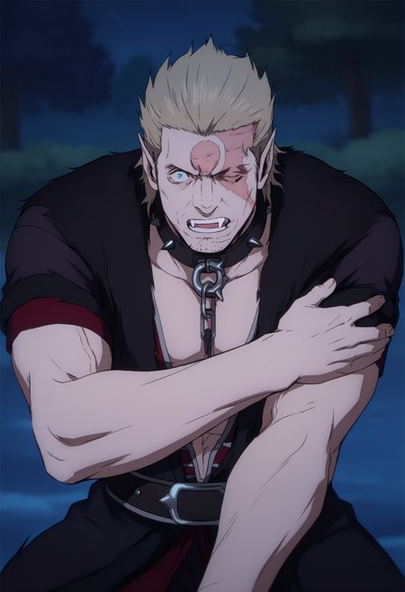 1boy, Nikolai_castlevanianocturne, blonde hair, blue eyes, fang, stubble, slicked back hair, left eye closed, spiked collar, scar on face, (circle scar on forehead), pointy ear, black coat, bare chest, veiny arms, score_8_up, score_7_up, score_6_up, score_9_up, muscular, (stocky_body), (big muscule), big arm, middle-age man , a man sitting on the ground in forest, night, tree background , centered, looking at viewer, face_focus, detailed eyes, 8k uhd, high quality, anime color, front view, from above, surprised , ((fearful)), top down view, hand on other arm