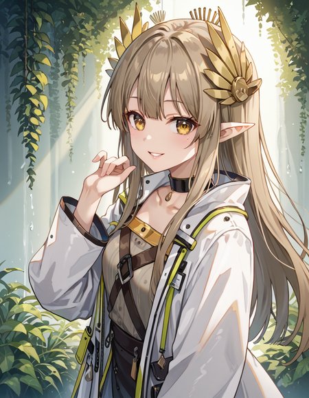 (masterpiece), (best quality), (ultra-detailed), masterpiece, source_anime, score_9, score_8_up, score_7_up BREAK, illustration, disheveled hair, detailed eyes, perfect composition, moist skin, intricate details, earrings, by wlop, Volumetric Lighting, masterpiece, source_anime, score_9, score_8_up, score_7_up BREAK, light depth, dramatic atmospheric lighting, Volumetric Lighting, Mumu, long hair, brown hair, golden eyes, pointy ears, mole, collarbone,parted lips BREAK, Mumubase, open clothes, white jacket, open coat, Mumu_coat,Mumu_choker BREAK, smile,hand up,closed mouth,hair,from side
