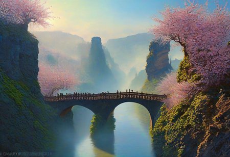 towers ringed in mist, sunrays, mixed media, surrealism, fantasy, great lighting, A surreal landscape highly detailed, extremely high-resolution details, appears trapped in an optical illusion of reflections and refractions, colorful, Spring, cherry blossoms in the wind, spring blooms, (Zhangjiajie mountains:1.2),  (Strasbourg in contemporary France, baroque architecture, European architecture:1.15), (stone arch bridges:1.05), winding rivers extending to the horizon, professional photography, natural lighting, volumetric lighting maximalist. vivid, vibrant colors, intricately detailed, (psychedelic colors, psychedelic colors:1.15), complex, elegant, expansive, fantastical, film photography style, medium grain, cmnt
 (8k uhd:1,4)
 <lora:add-detail-xl:1>
 <lora:Dynamic Poses:1>