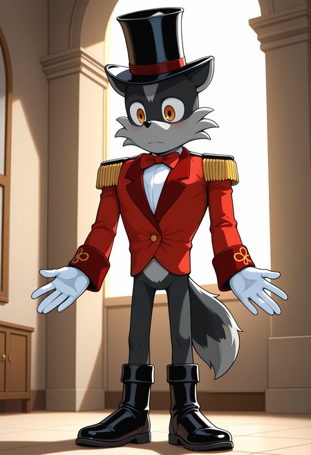 masterpiece,best quality,amazing quality, 1boy, solo, b4rk3r, furry, black fur, orange eyes, black top hat, red bowtie, red coat, epaulettes, white shirt, white gloves, black boots, tail, full body, outside,