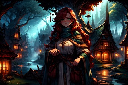 <lora:FantasySettlement:1> fanse, fantasy medieval town, lake, dark, fog,  <lora:Fantasy_Classes_SD:1> fantasy class, druid, hermit, nature, natural, forest robe, pet, animal companion, looking at viewer, seductive, best quality, masterpiece, <lora:more_details:0.7>, 1girl, solo, bright red hair, long hair, green eyes