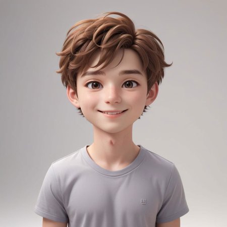 Portrait of a ruddy young man, flushed cheeks, light makeup, chibi, super deformed, 20yo, smiling, doll-like, Photorealistic simple volumetric light background, ColorART, CGI,