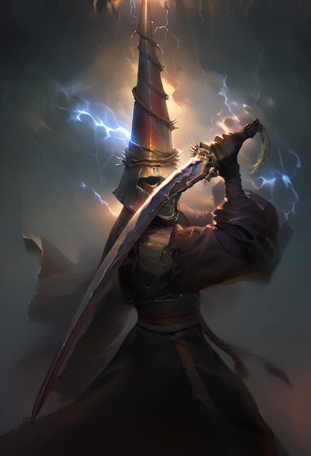 score_9, score_8_up, score_7_up, 1man, tall conical helmet, metal facial mask, pauldron, expressionless,   holding weapon, holding sword, blue electricity, cleavage, black dress, sleeves,