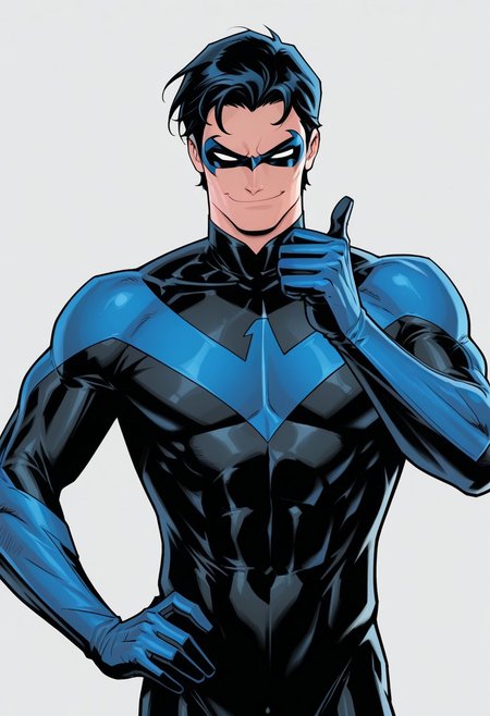 Grey background, simple background, solid color background, 2d, 1male, solo, 
DC Comics, Nightwing, toned male, black hair, white eyes, no pupils, domino mask, black bodysuit, blue trim, insignia, 
Upper body, front view, smug expression, smirk, looking at viewer, Hand on hip, thumbs up, one hand up,