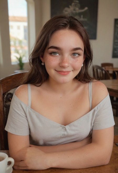 score_9, score_8_up, score_7_up, 1girl, cute, 43_years_old, dark brown hair, grey eyes, perfecteyes, feathered_long_hair, flirty_smile, narrow_mouth, freckles_on_shoulder, navel_piercing, earrings, heavy_eyebrows, date, a woman sitting at a table