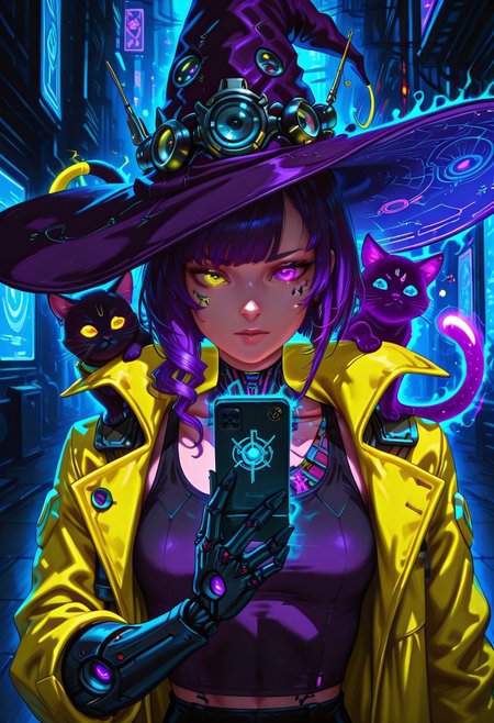 a technomancer witch, slim, upper body, heterochromia, cyberpunk aesthetic, glowing yellow and purple circuit tattoos, tank top, one augment metallic arm, B34ut1ful 4ndr01d, cybernetic, swirling trench coat, etched with circuitry, big witch's hat, neon-lit outdoor environment, holographic cat familiar on shoulder, digital magic aura, sci-fi fantasy fusion, cinematic lighting, holding out a cell phone in one hand, intricate spell glyphs floating over her phone, high-tech sorcery, ultra-detailed, 8K resolution, hyperrealistic reflections, anime cyber-fantasy, dramatic composition, vibrant colors


