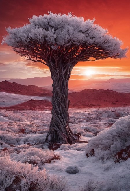 photoart_style,(extremely detailed landscape of a white alien landscape, beautiful landscape, otherworldly, epic scale, absurdres, alien world, unusual planet, weird trees, odd mountains, white grass, silver leaves, dark god kaiju, odd creature, art deco monolith, biblical angel,  horror theme, red sky),realistic,(film grain),ultrarealistic 4k,cinematic light,light glare,light flare,perfect composition, dynamic play of light, rich colors, epic shot, perfectly quality, natural textures,high detail, photoshadow, (natural colors, correct white balance, color correction, dehaze),(intricate detailed),