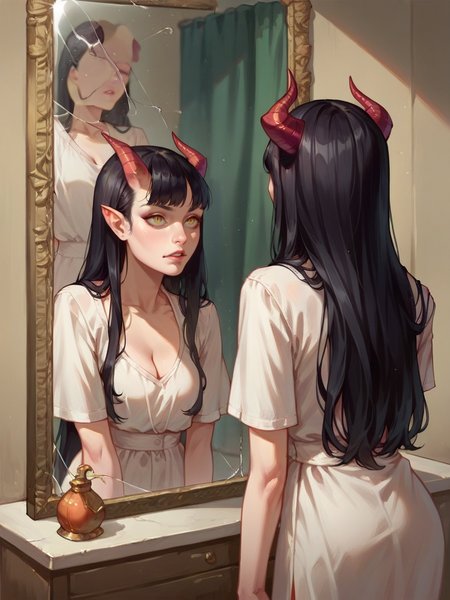 score_9, score_8_up, score_7_up, score_6_up,   <lora:m1rr0rXLP:0.6> m1rr0r, mirror, reflection, long hair, 1girl, black hair, demon girl,