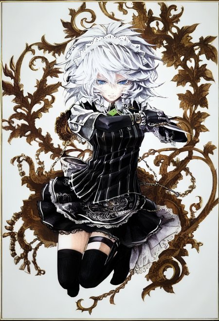 1girl, solo, izayoi sakuya, thighhighs, braid, white hair, watch, pocket watch, maid headdress, blue eyes, twin braids, short hair, black thighhighs, alternate costume, gloves, zettai ryouiki, knife, white background, skirt, full body, simple background, striped <lora:banpaiAkiraOSXL_NBVP1_lokr_V6311P:0.95>