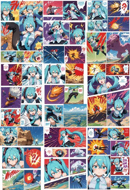 score_9, score_8_up, score_7_up, score_6_up, score_5_up, score_4_up, anime source, 
 <lora:DBBattle_Pony_V2:1>DBBattle, (duel:1.25), (comic:1.25), battle, emphasis lines, speed lines, motion lines, !?, !!, style parody, 
Frame, Text, English Text, speech bubble, trembling, focus line, vibrating line, comic expression, Sound effect, 
1 girl,  girl forcas, 2+ boys, Monster Boy, Creature Boy, Mutant Boy, 
 fighting stance, aura, flying, 
injury, torn clothes, 
cloud, cloudy sky, day, 
(({energy ball | Punching | kicking | explosion})), 
mikuhatsune, <lora:miku-hatsune-ponyxl-lora-nochekaiser:0.5>,
miku hatsune, ahoge, aqua eyes, aqua hair, crossed bangs, hair between eyes, hair ornament, headphones, long hair, twintails, mature female,
aqua necktie, black footwear, black skirt, black sleeves, boots, collared shirt, detached sleeves, grey shirt, necktie, pleated skirt, shirt, skirt, sleeveless, sleeveless shirt, thigh boots, tie clip,