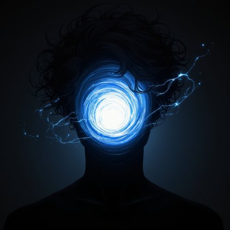 The image is a digital drawing in a dark, surreal style, featuring a stylized, abstract figure with a striking, otherworldly appearance. The subject's head is the most prominent feature, dominated by a swirling, glowing orb that occupies the center of the face, surrounded by an intricate, swirling pattern that resembles a vortex or a stylized eye. This orb emits bright, electric-like energy that crackles with blue-white light, creating a stark contrast against the dark background.  The figure's hair is depicted as wild, curly, and flowing, almost as if caught in a gust of wind, with strands extending outward in a chaotic manner. The hair and face are rendered in dark, almost black tones, blending into the background, creating a sense of depth and dimension. planet-head,