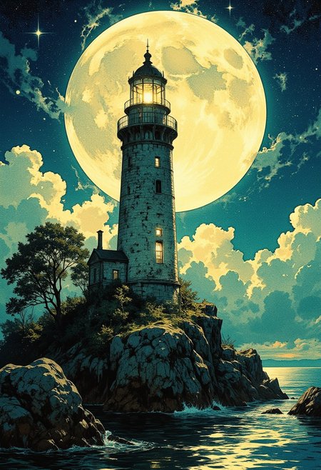 A captivating night scene illustration featuring an ancient lighthouse standing tall on a rocky island. The lighthouse, adorned with multiple windows, emits a warm glow, highlighting its intricate architecture and rich history. The rocky island is covered in lush green trees, reflecting on the calm, moonlit sea waters that mirror the silvery moonlight. The full moon graces the sky, casting an ethereal glow on the clouds and sea, while wispy clouds partially obscure its brilliance, adding to the scene's mystique. Twinkling stars dot the sky, creating a celestial tapestry that harmonizes with the moon's radiance. This enchanting artwork captures a serene and peaceful night, where the illuminated lighthouse stands resolute amidst the celestial beauty, creating a cinematic experience.