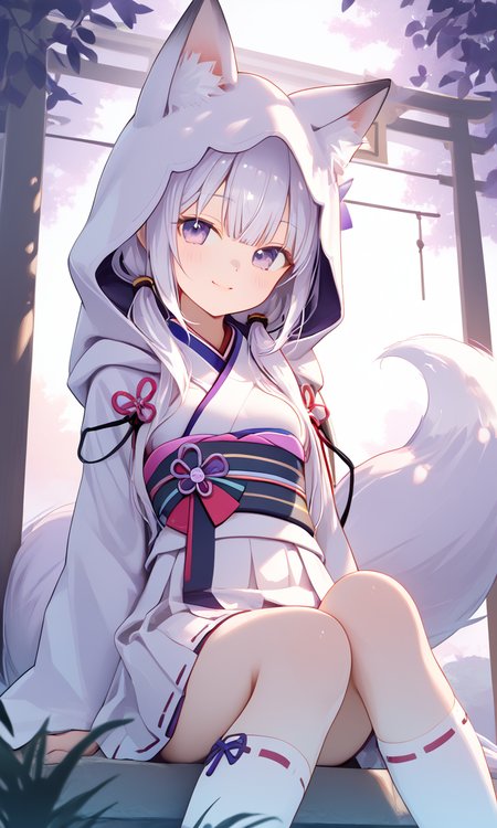 4K, best quality, high resolution, soft shadows, soft glow, subtle shadows, cinematic lighting
; 1girl, close_up, upper_body
; outdoors, japan garden
; <lora:Uranami_SDXL-000008:0.8>; fox_girl, petite, small_breasts, fox_tail, white_hair, low_twintails, purple_eyes
, sitting, on_ground
, kimono, hood, wide_sleeves, white_skirt, kneehighs
, smile, arms_at_side