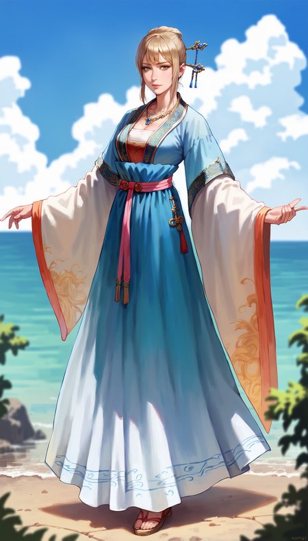 score_9,score_8_up,score_7_up,
highly detailed,highres,
<lora:wangyuanji:0.8>,wangyuanji,
1girl,solo,blonde hair,bangs,updo,hairpin,yellow eyes,looking at viewer,informal costume,necklace,long silk skirt,full body,standing,
outdoors,sky,blurry background,